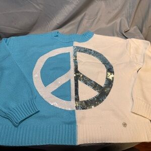Peace Sign Blue and White Sweater